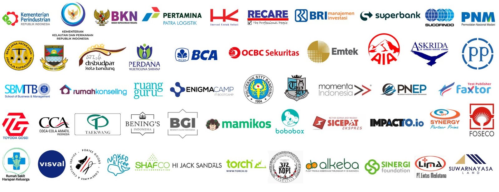Logo rekan kolaborasi Eratanu Indonesia, antara lain Kementerian Perindustrian, Kementerian Kelautan dan Perikanan, BKN, Pertamina Patra Logistik, Hutama Karya, BRI Manajemen Investasi, Sucofindo, PNM, BCA, OCBC Sekuritas, Emtek, AIA, Askrida, PP, SBM ITB, dan Ruangguru.